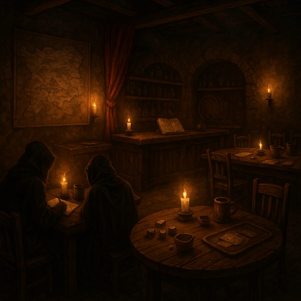 Gemütlicher Tavernenraum mit Tischen, Theke, Karte und Vorhang