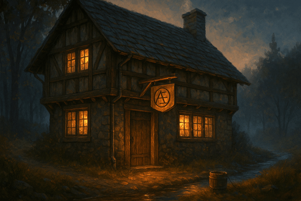 Aethels Taverne von außen in der Dunkelheit. Die Fenster erleuchtet.