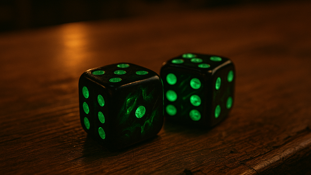 Schwarze Würfel, die von innen heraus grün leuchten auf einem Holztisch