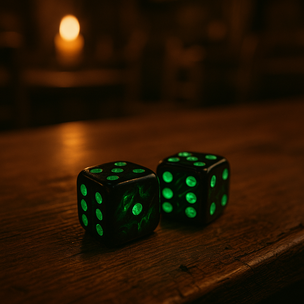 Schwarze Würfel, die von innen heraus grün leuchten auf einem Holztisch