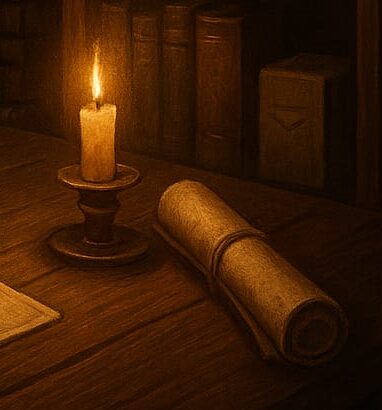 Eine Schriftrolle und eine Kerze auf einem Holztisch, im Hintergrund Bücher