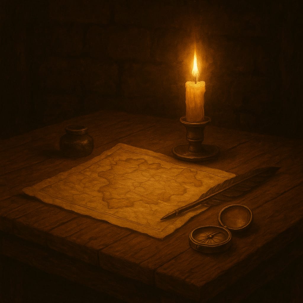 Karte, Feder, Kompass m Kerzenlicht
