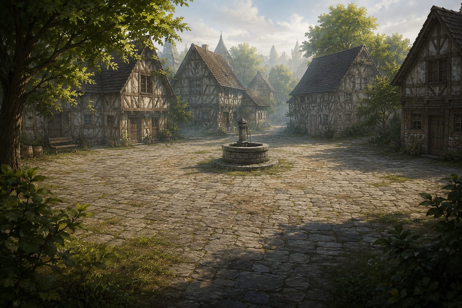 Der Dorfplatz von Brynfurt im Morgenlicht